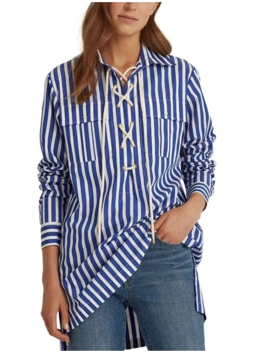 Lauren Ralph Lauren Nautical Stripe Lace Up Tunic Top